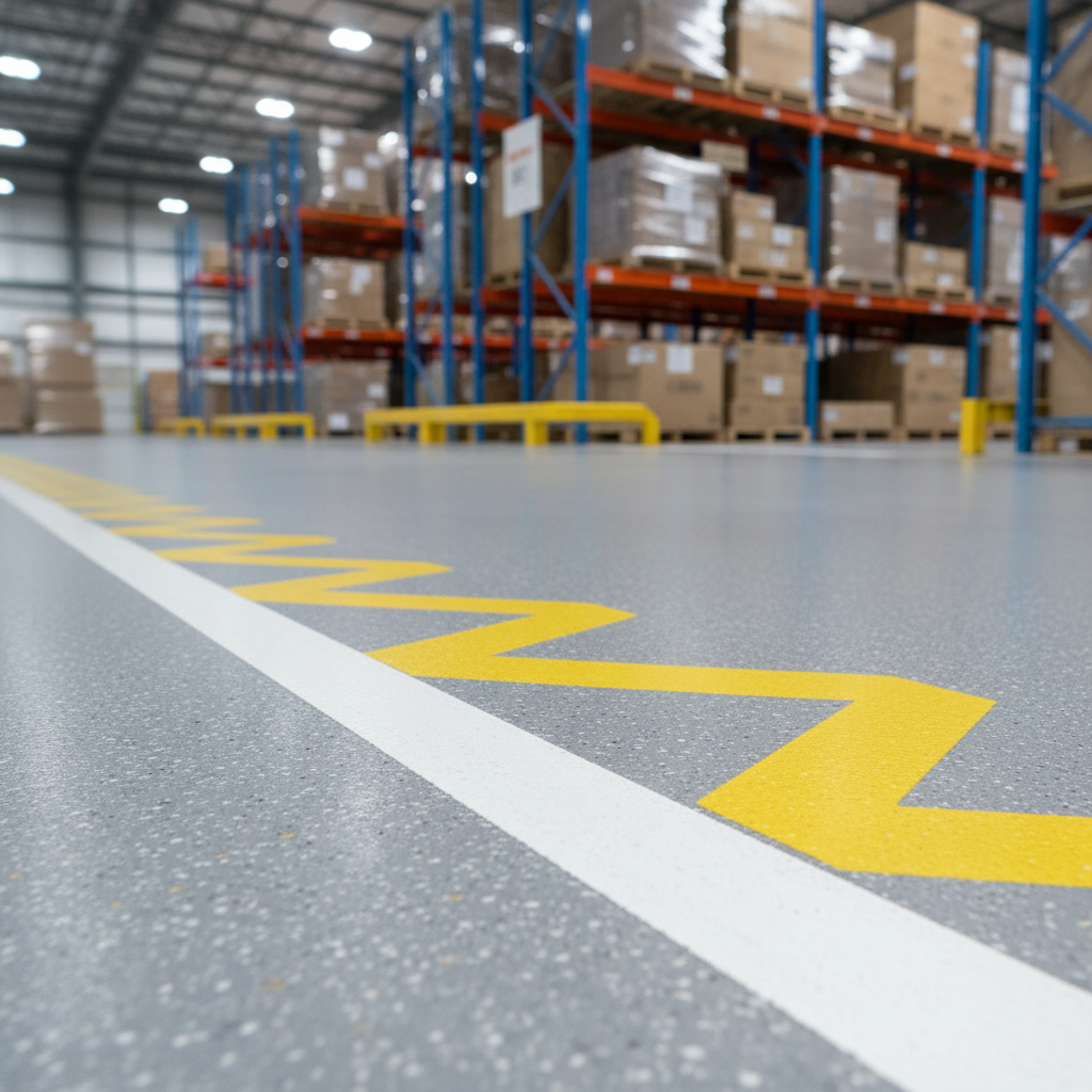 A detailed close-up of an industrial-grade epoxy floor in a warehouse near Edmonton, featuring a mid-tone gray base with high-build, heavy-duty coating and a fine, broadcast quartz aggregate for extra traction. The texture is clearly visible yet still uniform, with crisp white safety lines and bright yellow hazard markings perfectly bonded to the surface. In the softly blurred background, pallet racking and stacked boxes suggest an active facility. Cool-white overhead high-bay lighting creates crisp, even illumination, with mild reflections glinting off the smoother areas. Photographed from a very low angle at floor level, the image emphasizes strength, thickness, and safety features, capturing the robust, utilitarian character of the epoxy floor in realistic, professional photographic detail.