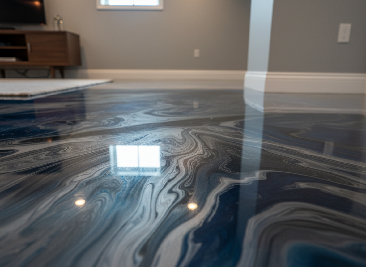 A close-up, detailed view of a metallic epoxy floor in a contemporary basement living area, featuring swirling patterns of silver, charcoal, and deep blue pigments that appear almost three-dimensional. The surface is glass-smooth with a high-gloss finish, catching reflections from recessed ceiling lights and a nearby window well. The surrounding space includes a clean white baseboard, a section of soft gray painted wall, and the edge of a modern media console slightly blurred in the background. Shot from a low, oblique angle with shallow depth of field, the focus is on the intricate marbling and depth within the epoxy. The mood is luxurious, modern, and refined, with realistic photographic lighting highlighting the artistry and premium quality of the flooring.