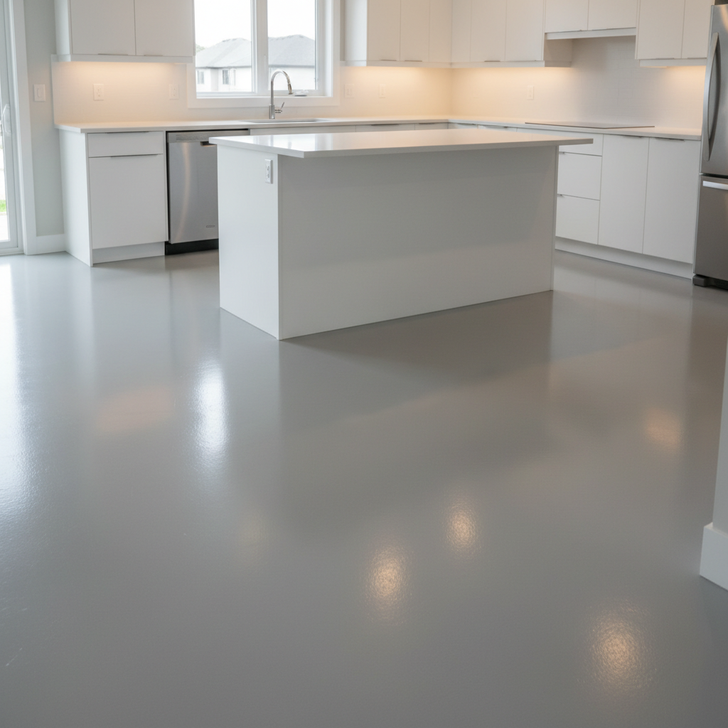 A stylish residential kitchen in Edmonton featuring a seamless, light-gray epoxy floor with a satin finish, running uninterrupted beneath sleek white cabinetry and a large central island. The surface appears perfectly level, easy to clean, and subtly reflective, softly mirroring the base of stainless-steel appliances and the island’s shadow. Warm under-cabinet LEDs and diffused natural light from a large window over the sink combine to create gentle highlights and soft, welcoming shadows. Photographed from a slightly elevated corner angle, the composition frames the floor as the primary focal point while including just enough of the cabinetry and island to give context. The overall mood is modern, hygienic, and inviting, presented in a clean, photographic realism that suits a professional epoxy flooring brand.
