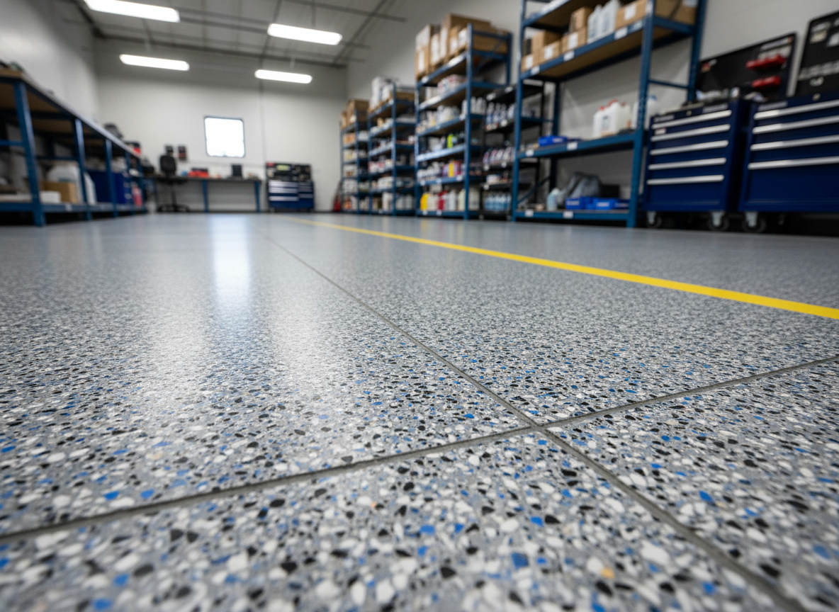A durable, slip-resistant epoxy flake floor in a commercial workshop setting in Edmonton, featuring a medium-gray base with a dense blend of black, white, and blue vinyl flakes embedded throughout. The surface has a low-sheen, textured finish designed for safety and heavy use, with perfectly straight control joints neatly filled. Sturdy metal shelving, neatly organized tool cabinets, and a bright safety-yellow line marking a walkway are visible in the background, slightly softened by depth of field. Overhead industrial LED fixtures cast bright, even light across the floor, while a small side window adds a hint of natural daylight. Photographed from a low, wide-angle perspective, the composition emphasizes durability, cleanliness, and practicality in a realistic, professional aesthetic.