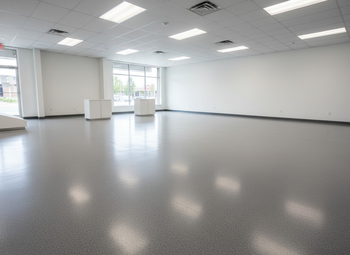 A bright commercial showroom in Edmonton featuring a polished, medium-gray epoxy floor with subtle speckling, stretching seamlessly across the space. The surface is satin-sheen, non-slip, and impeccably even, reflecting soft glows from overhead LED panel lighting. Minimalist white walls and a few modern display pedestals frame the floor without distracting from it. The environment feels spacious and airy, with large front windows casting faint, natural light that blends with the cool artificial lighting. Captured from an eye-level, wide-angle viewpoint, the composition follows the rule of thirds, drawing the viewer’s eye along the length of the room to showcase the durability and professional appearance of the epoxy coating. The photographic realism emphasizes cleanliness, reliability, and a professional business atmosphere.