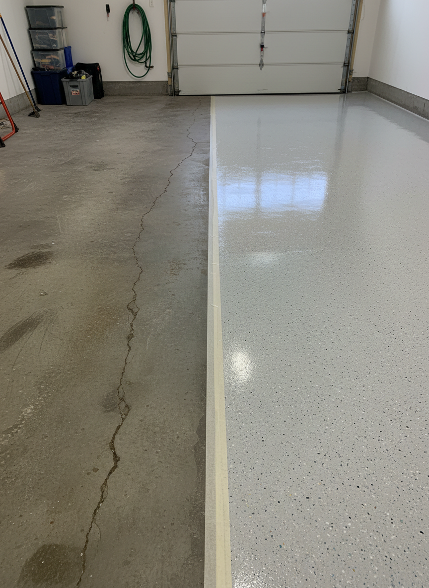 A side-by-side comparison scene of an Edmonton residential garage, with the left half of the concrete floor dull, stained, and cracked, and the right half transformed with a sleek, light-gray epoxy coating sprinkled with subtle, multi-tone flakes. A clean, crisp masking line divides the two surfaces, highlighting the dramatic difference in color, texture, and reflectivity. The epoxy side appears smooth, glossy, and freshly finished, reflecting soft daylight streaming in from the open garage door. The rest of the space is tidy but minimal, ensuring focus stays on the floor. Photographed from a slightly elevated, diagonal angle with sharp focus on both halves, the image uses photographic realism to convey a clear before-and-after story that feels professional, trustworthy, and results-driven.