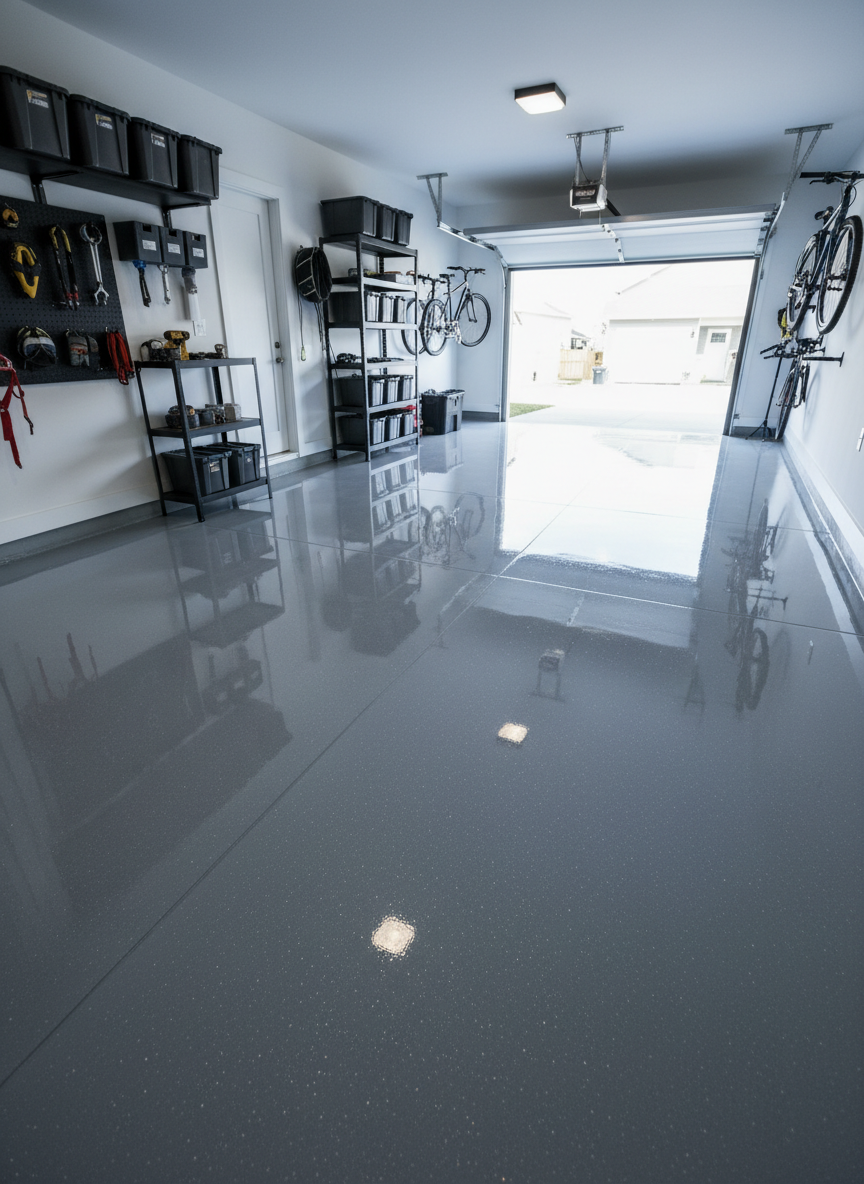 A freshly installed high-gloss gray epoxy garage floor in a modern Edmonton home, the surface perfectly smooth and mirror-like, subtly reflecting the walls, shelving, and tools along the perimeter. Fine metallic flakes are evenly dispersed through the coating, catching the light with a subtle sparkle. The space is clean and uncluttered, with crisp baseboards and neatly finished expansion joints. Cool, diffused daylight filters in from an open garage door, creating long, soft shadows and gentle highlights across the floor. Photographed at a slightly elevated, wide-angle perspective with sharp focus throughout, emphasizing the seamless, durable finish. The mood is professional, clean, and organized, showcasing the transformative impact of quality epoxy flooring in a realistic, photographic style.