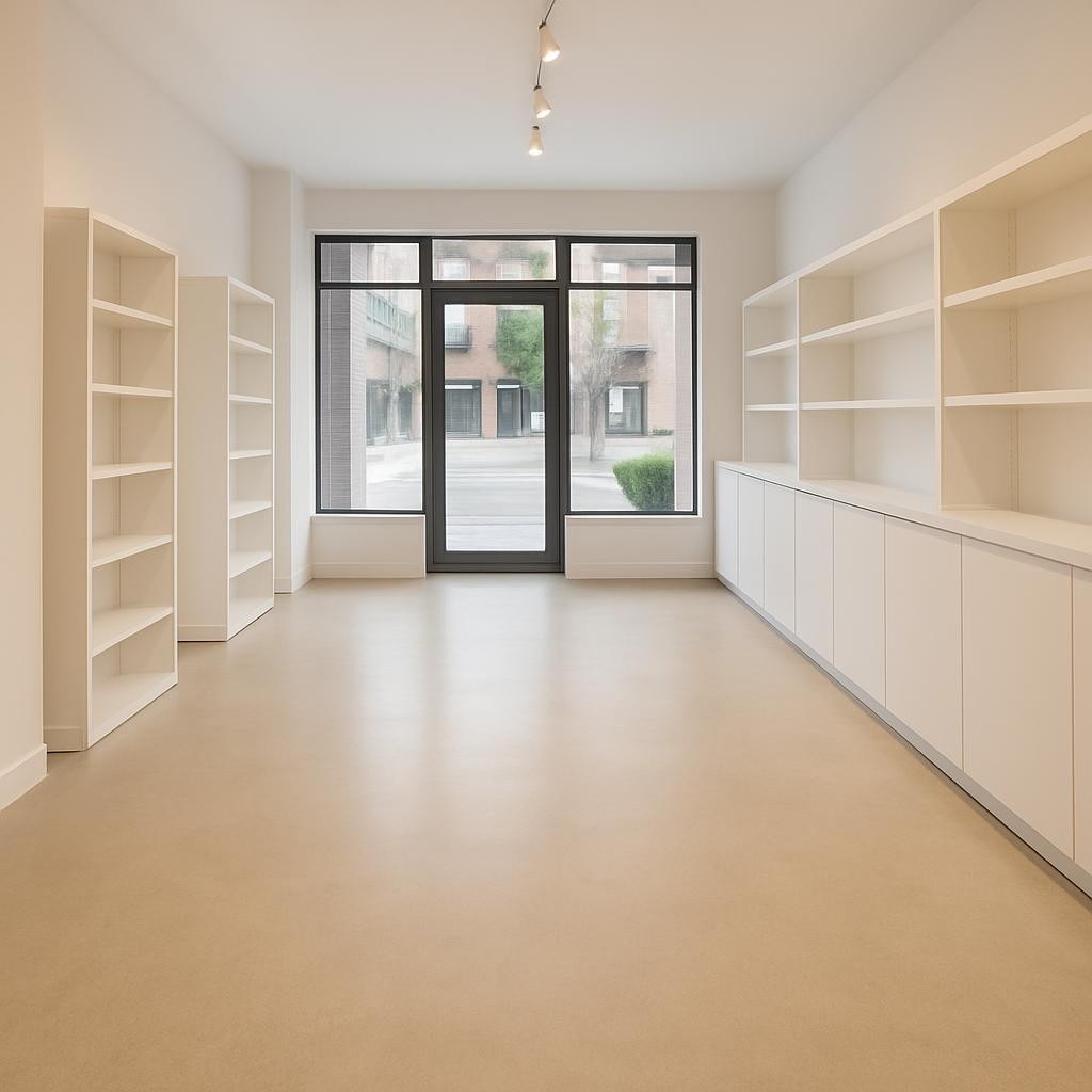 A modern Edmonton retail space showcasing a seamless, light beige epoxy floor with a matte, non-slip finish, extending uniformly from the entrance to the back wall. The surface has a faint, subtle mottling that adds visual interest while remaining understated and professional. Sleek white display shelving and minimalistic built-in cabinetry line the perimeter, all slightly softened to keep the floor as the central focus. Natural daylight pours through large storefront windows, blending with warm overhead track lighting to create soft, even illumination. Captured at an eye-level, slightly off-center angle, the composition leads the viewer’s eye along the length of the room, highlighting the practical elegance and easy maintenance of the epoxy surface in a clean, photographic style.
